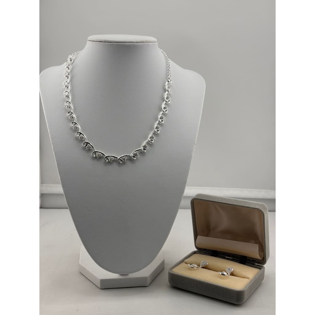 925 Sterling Silver CZ Vine Link Necklace & Earrings Set –