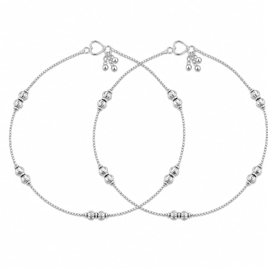 Pair of 925 sterling silver double ribbed bead kids anklets on white background