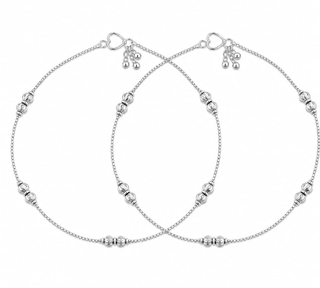Pair of 925 sterling silver double ribbed bead kids anklets on white background