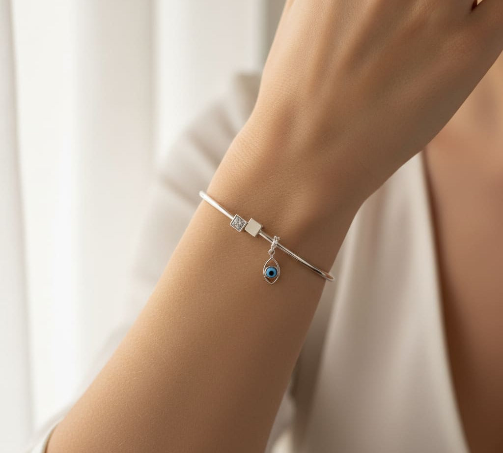 925 Sterling Silver Evil Eye Square Charm Women’s Bracelet