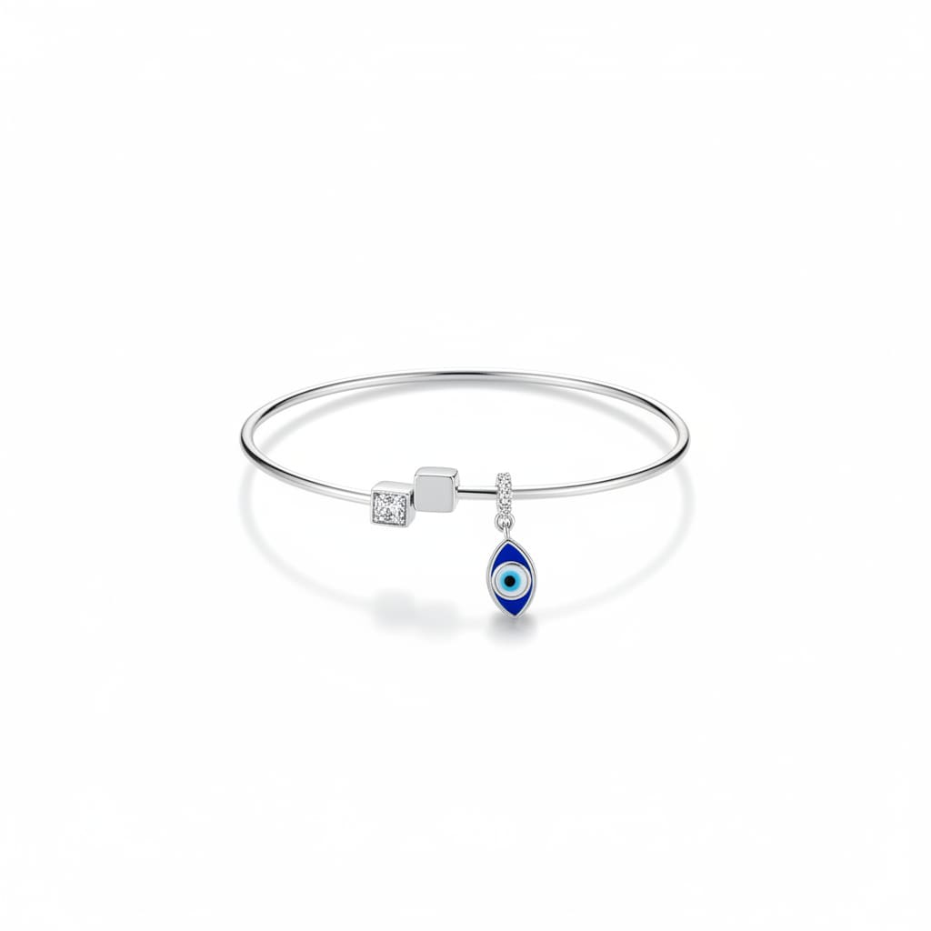 925 Sterling Silver Evil Eye Square Charm Women’s Bracelet