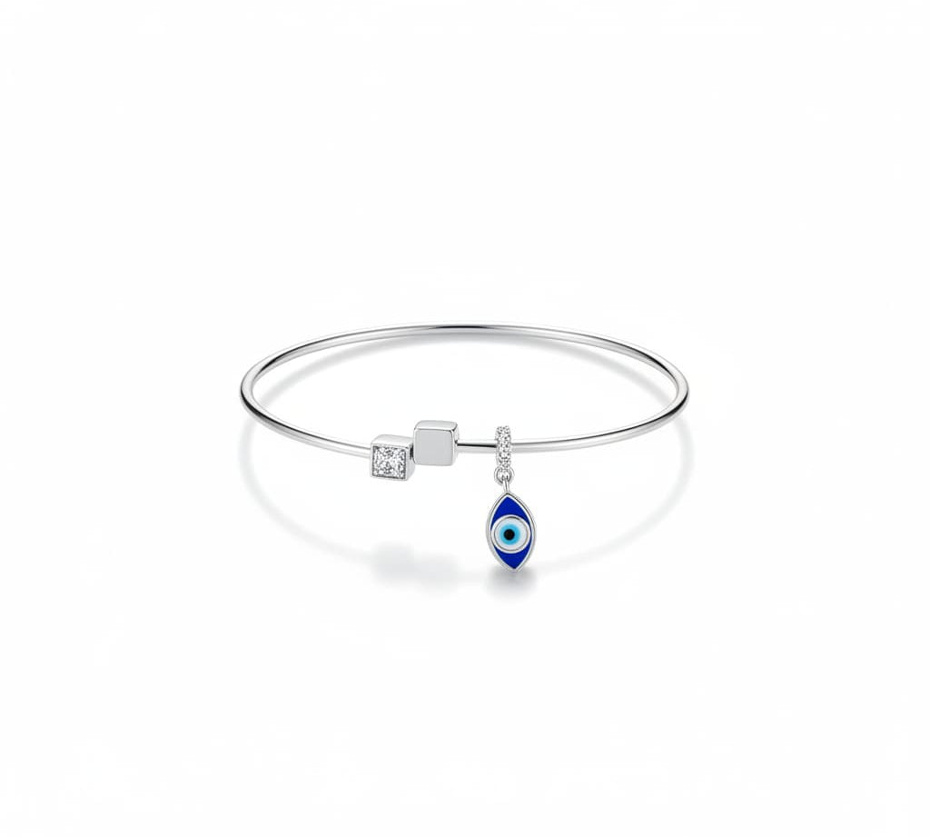 925 Sterling Silver Evil Eye Square Charm Women’s Bracelet