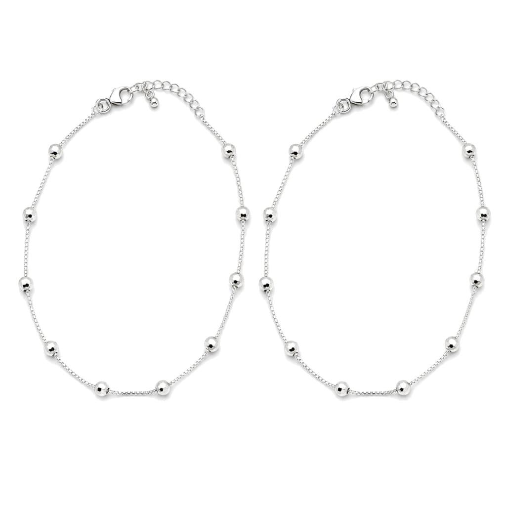 925 sterling silver faceted bead anklet pair on pure white background