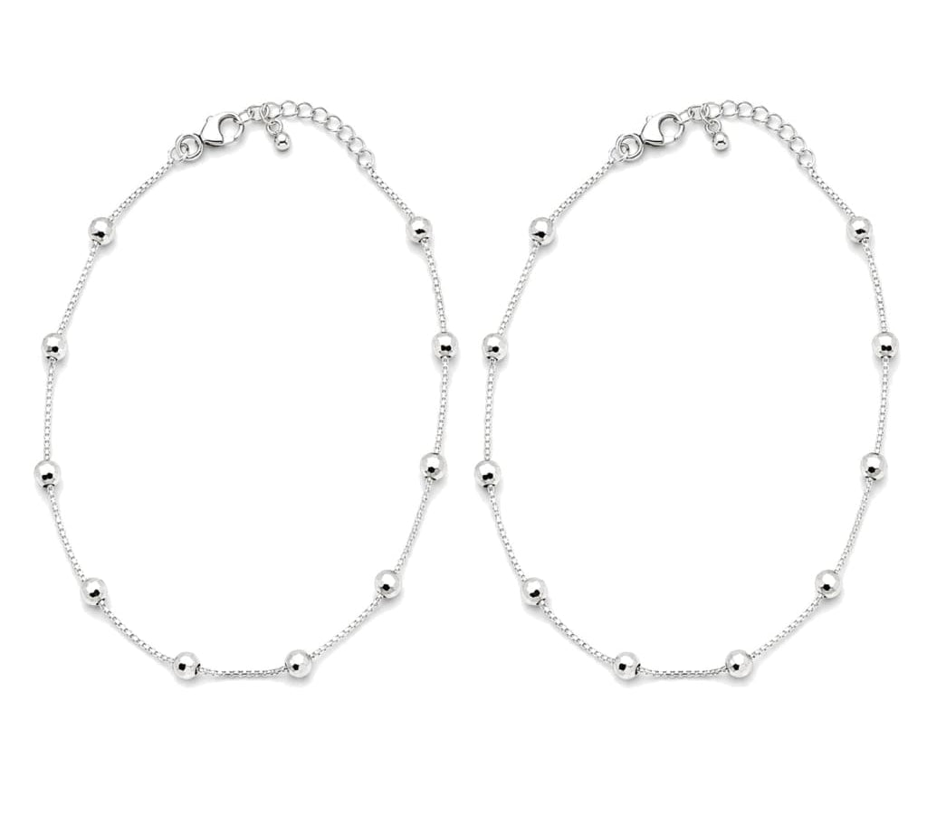925 sterling silver faceted bead anklet pair on pure white background
