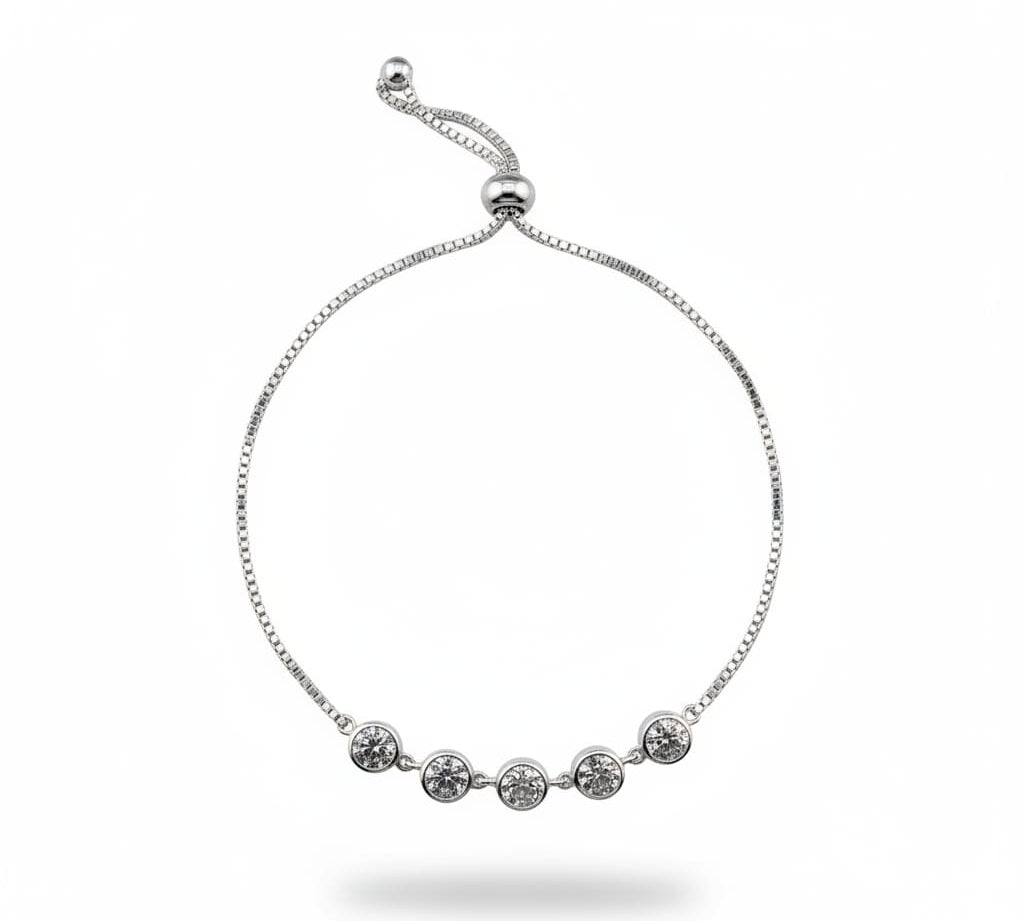 925 Sterling Silver Five Stone CZ Adjustable Bracelet | 5g