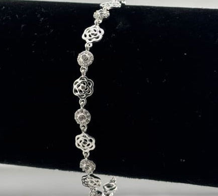 925 Sterling Silver Floral CZ Link Bracelet | 5g