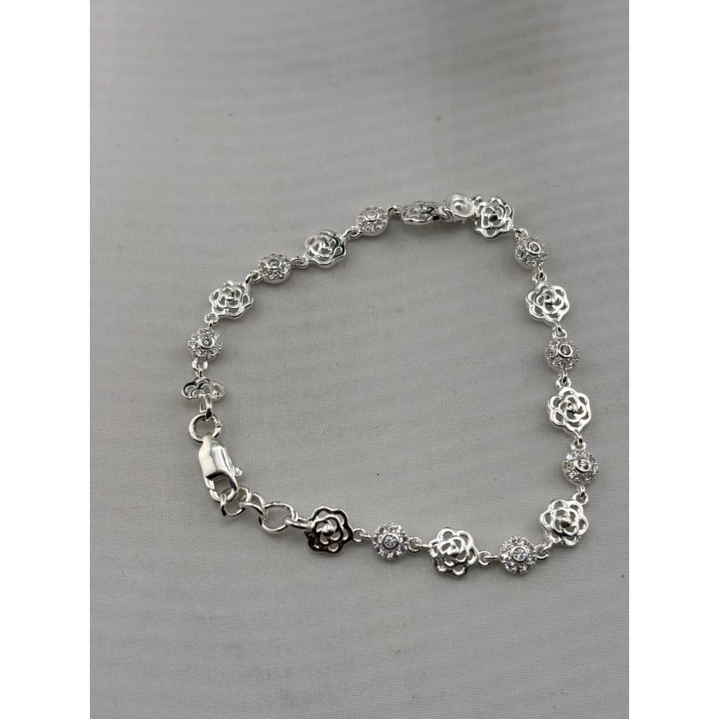 925 Sterling Silver Floral CZ Link Bracelet | 5g