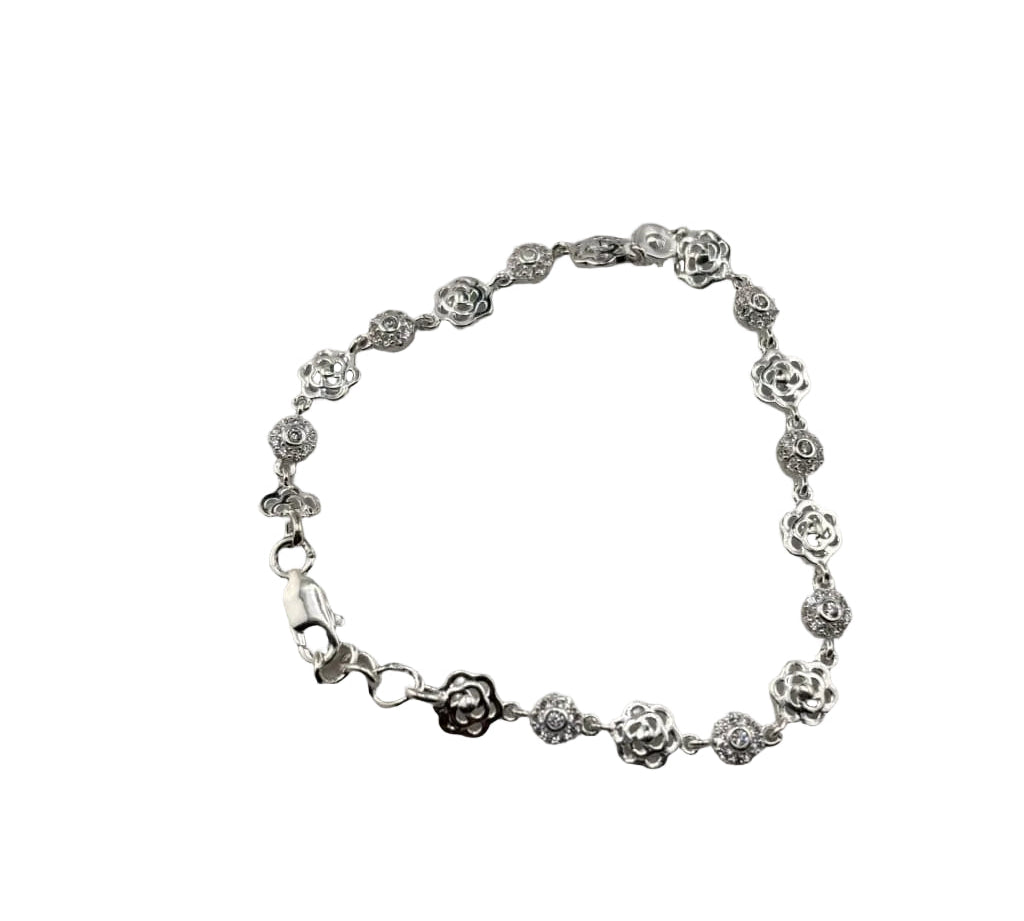 925 Sterling Silver Floral CZ Link Bracelet | 5g
