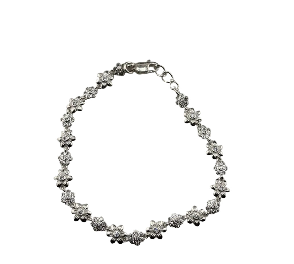 925 Sterling Silver Floral CZ Link Bracelet | 7g - Bracelets