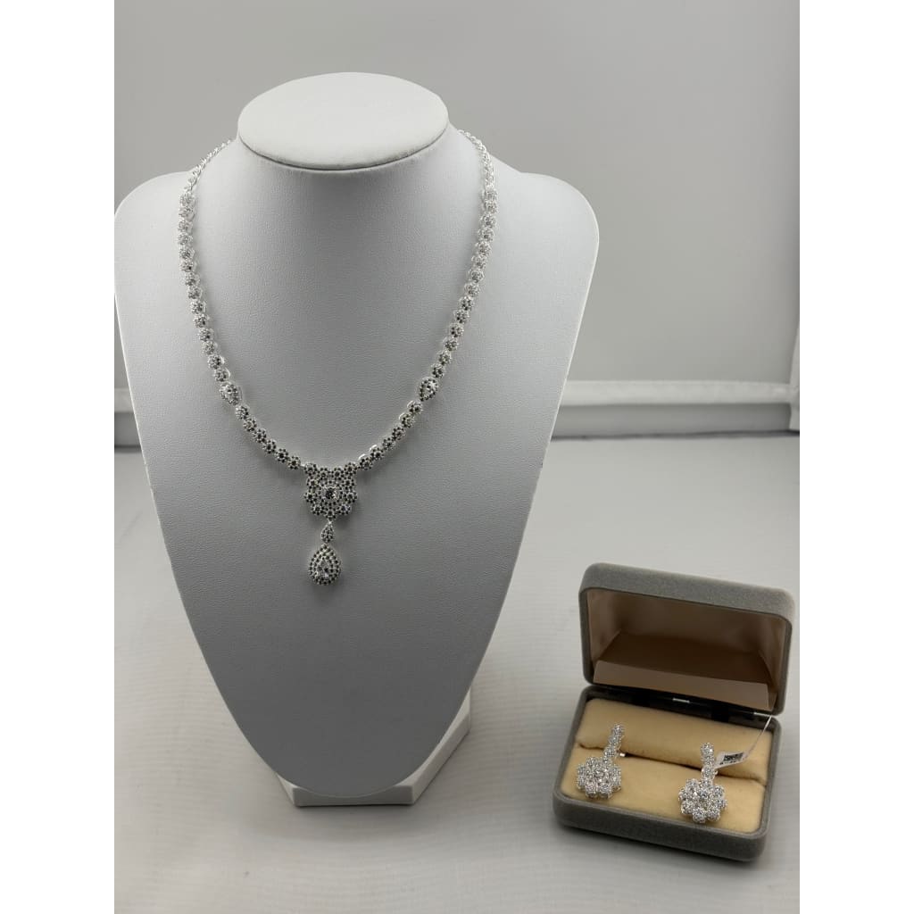 925 Sterling Silver Floral Drop CZ Necklace & Earrings Set