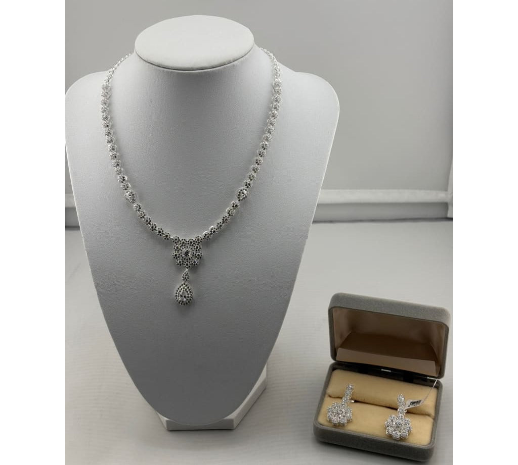 925 Sterling Silver Floral Drop CZ Necklace & Earrings Set