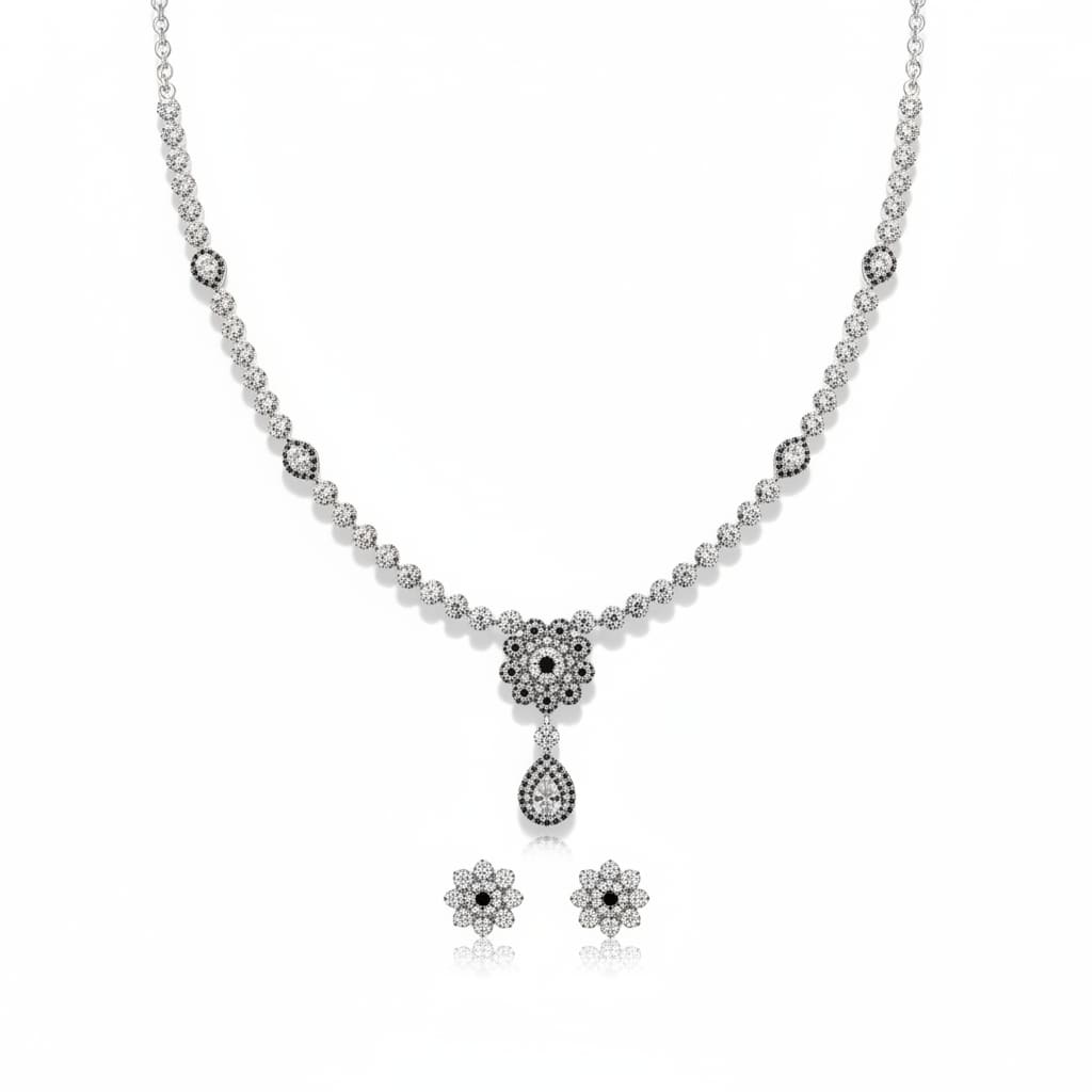 925 Sterling Silver Floral Drop CZ Necklace & Earrings Set