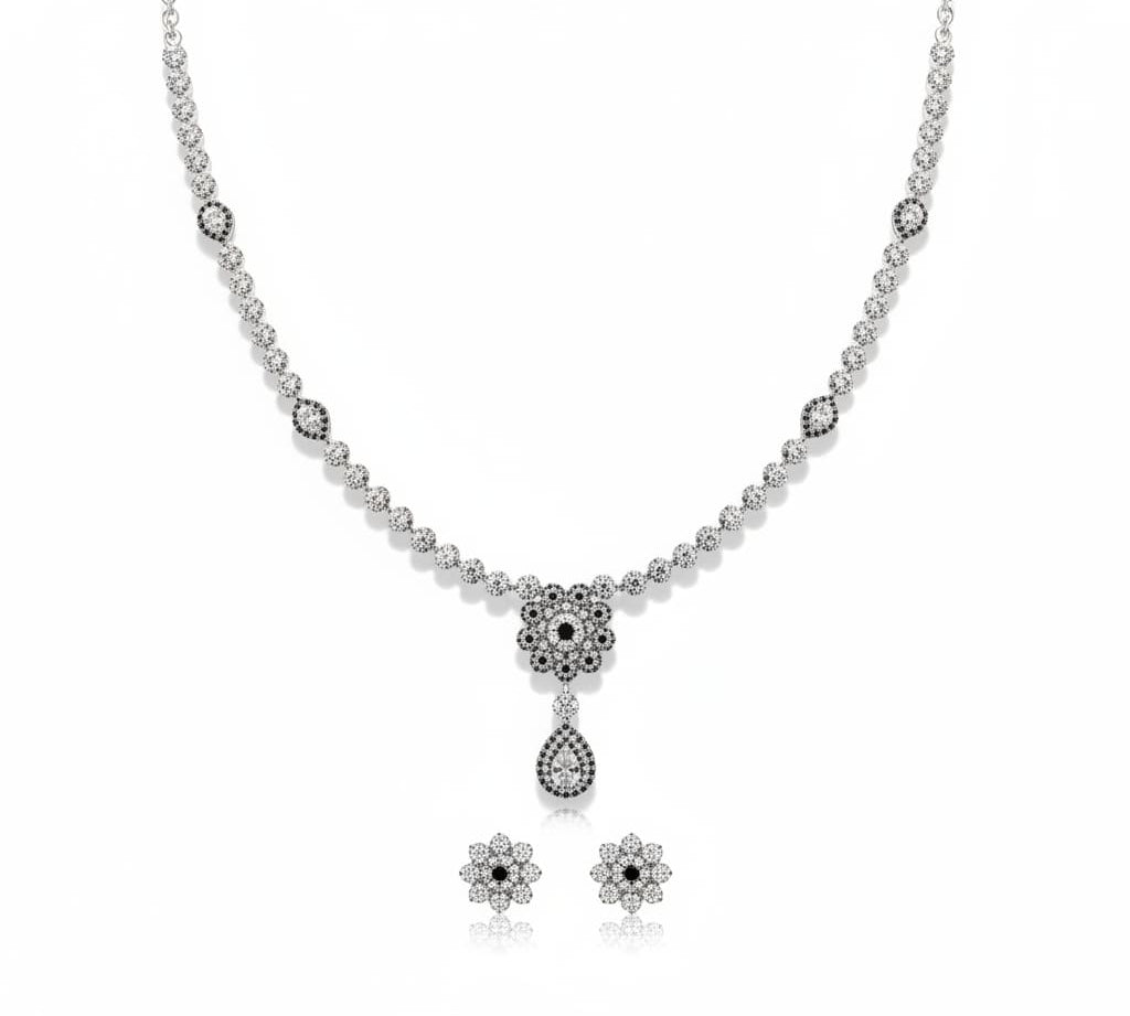 925 Sterling Silver Floral Drop CZ Necklace & Earrings Set