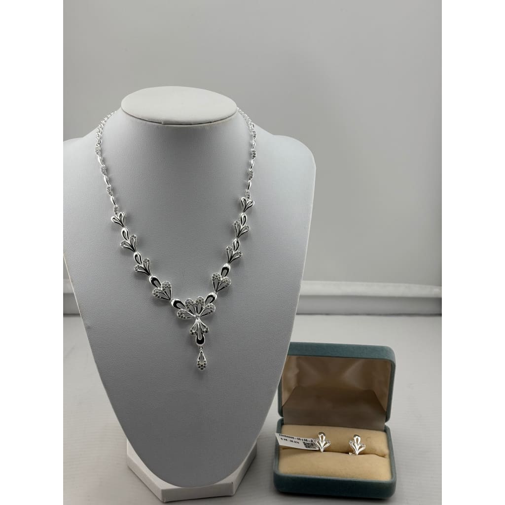 925 Sterling Silver Floral Fan Necklace & Earrings Set –
