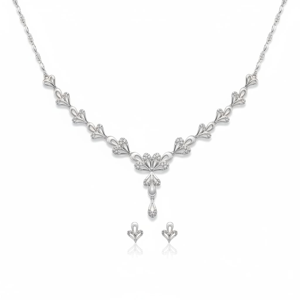 925 Sterling Silver Floral Fan Necklace & Earrings Set –