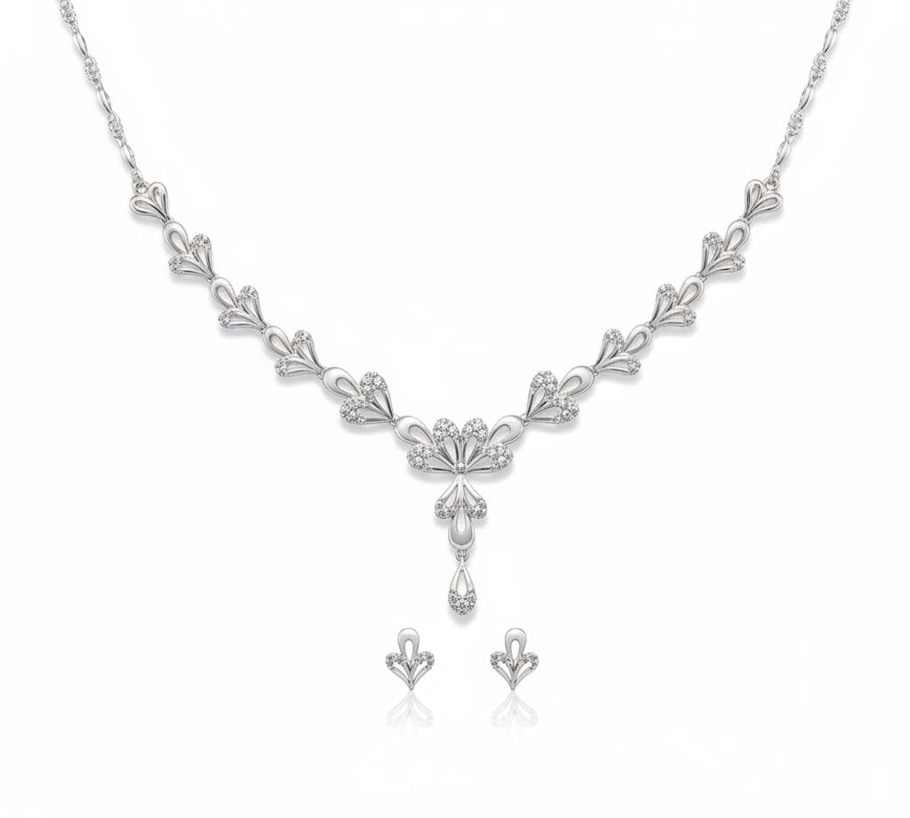 925 Sterling Silver Floral Fan Necklace & Earrings Set –