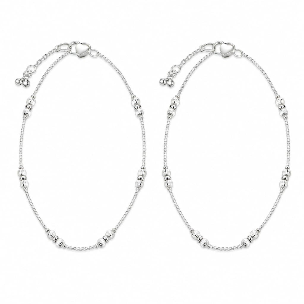 925 sterling silver fluted bead anklet pair on pure white background