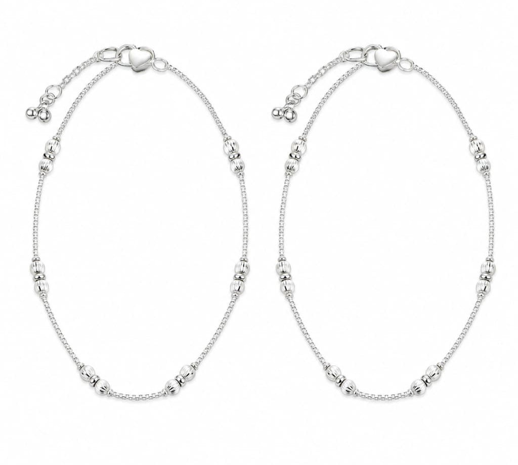 925 sterling silver fluted bead anklet pair on pure white background