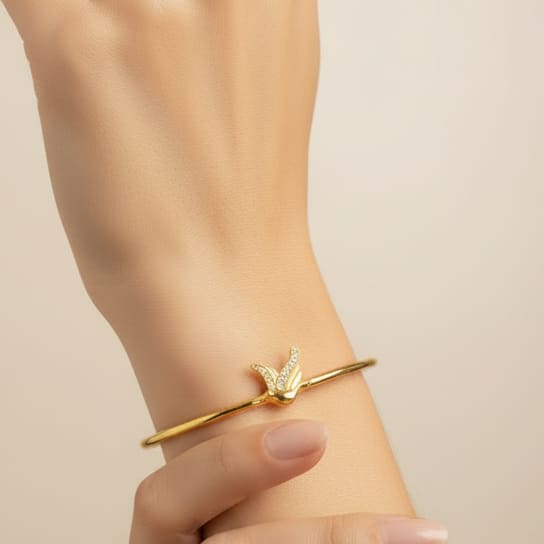 925 Sterling Silver Gold Plated Bird CZ Open Bangle