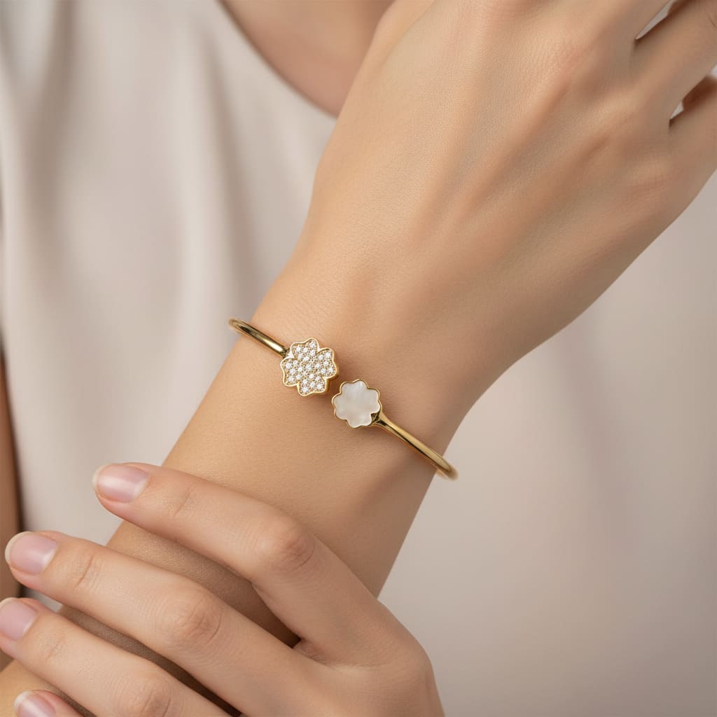 925 Sterling Silver Gold Plated Clover Open Bangle Bracelet