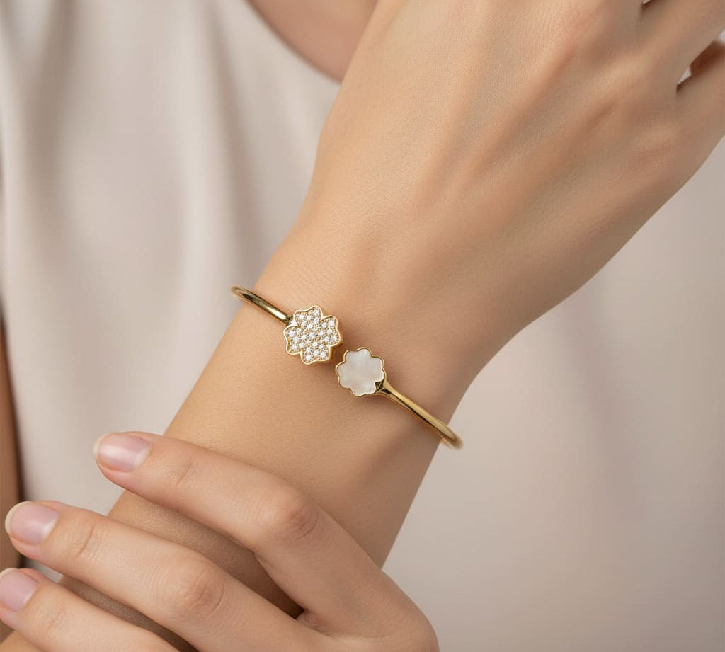 925 Sterling Silver Gold Plated Clover Open Bangle Bracelet