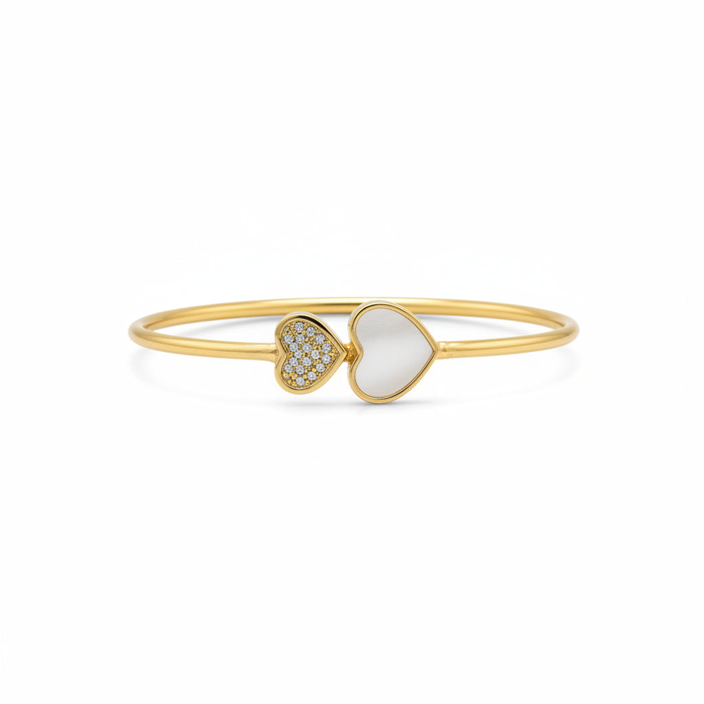 925 Sterling Silver Gold Plated Double Heart Open Bangle