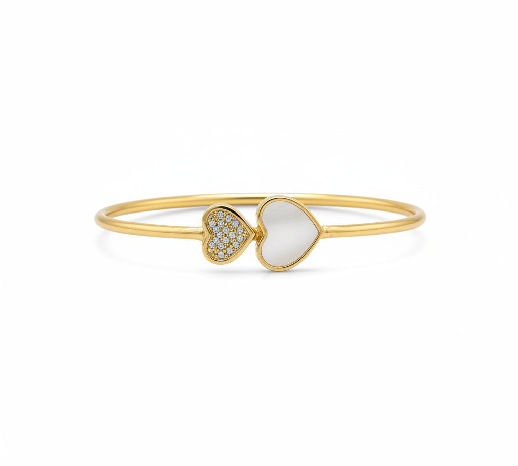 925 Sterling Silver Gold Plated Double Heart Open Bangle