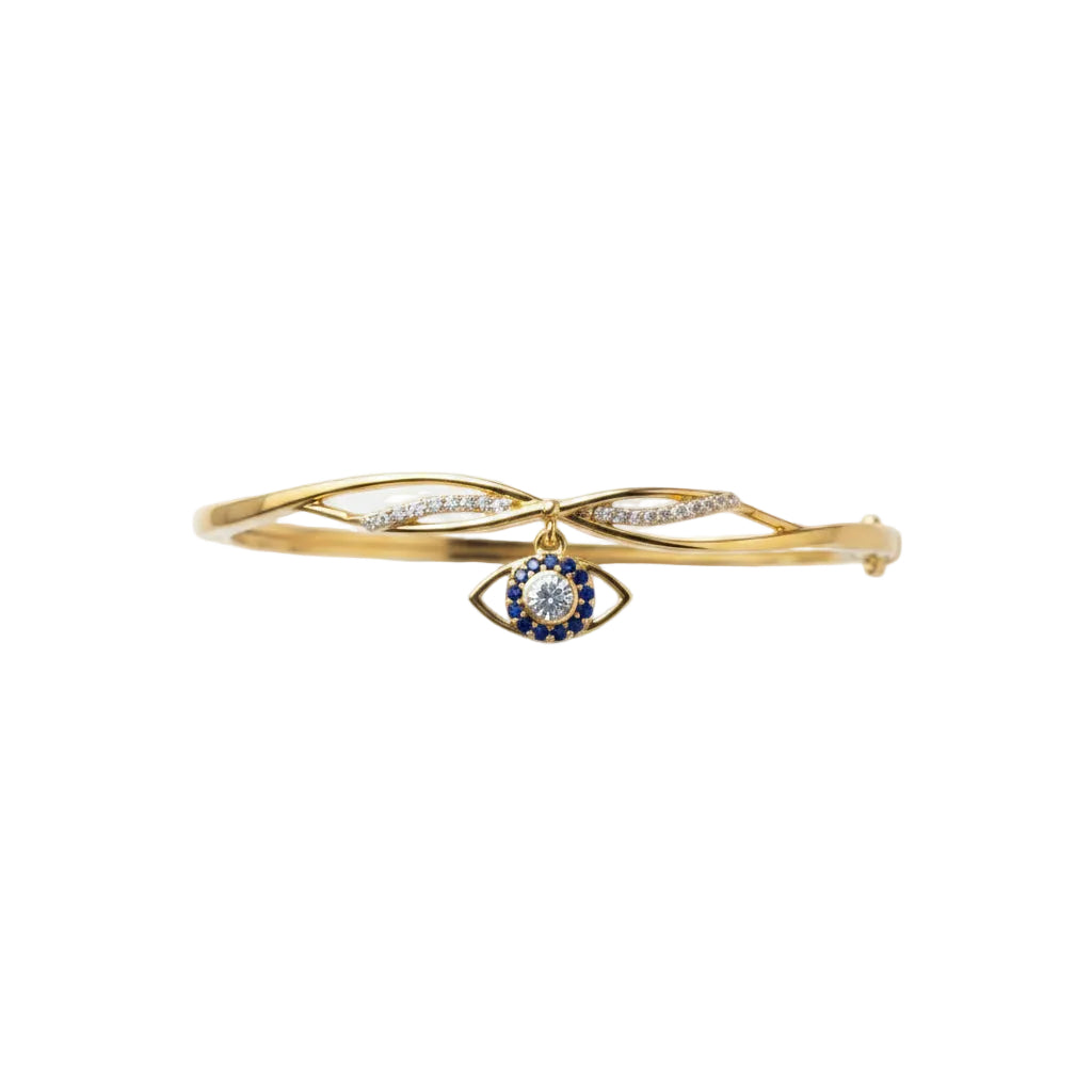 925 Sterling Silver Gold Plated Evil Eye Charm Open Bangle