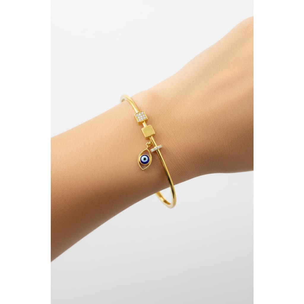 925 Sterling Silver Gold Plated Evil Eye Charm Open Bangle