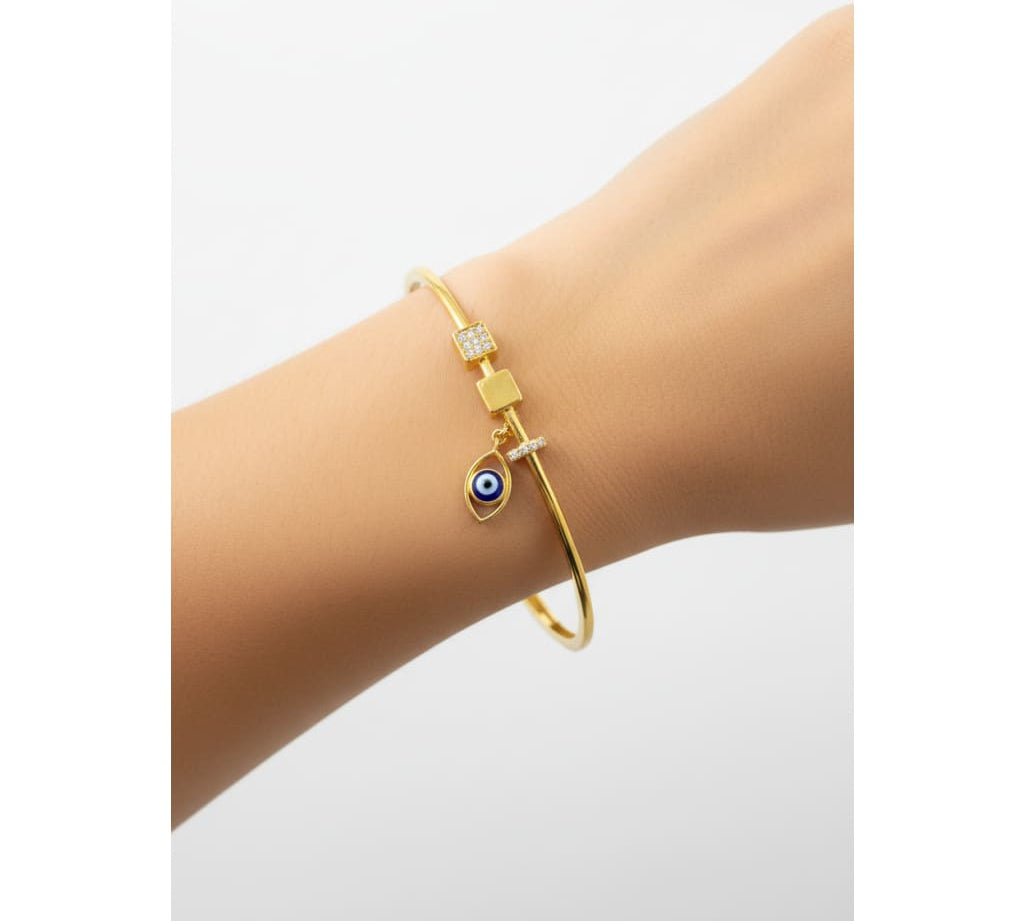 925 Sterling Silver Gold Plated Evil Eye Charm Open Bangle