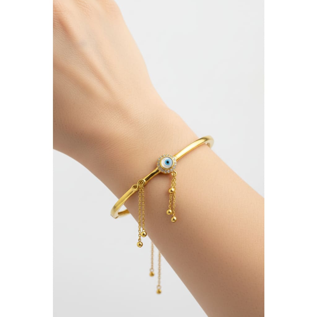 925 Sterling Silver Gold Plated Evil Eye Charm Open Bangle