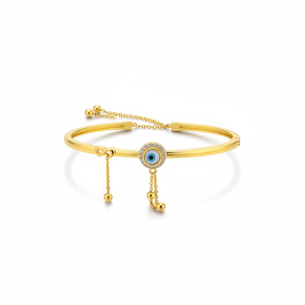 925 Sterling Silver Gold Plated Evil Eye Charm Open Bangle
