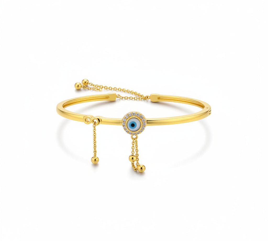 925 Sterling Silver Gold Plated Evil Eye Charm Open Bangle