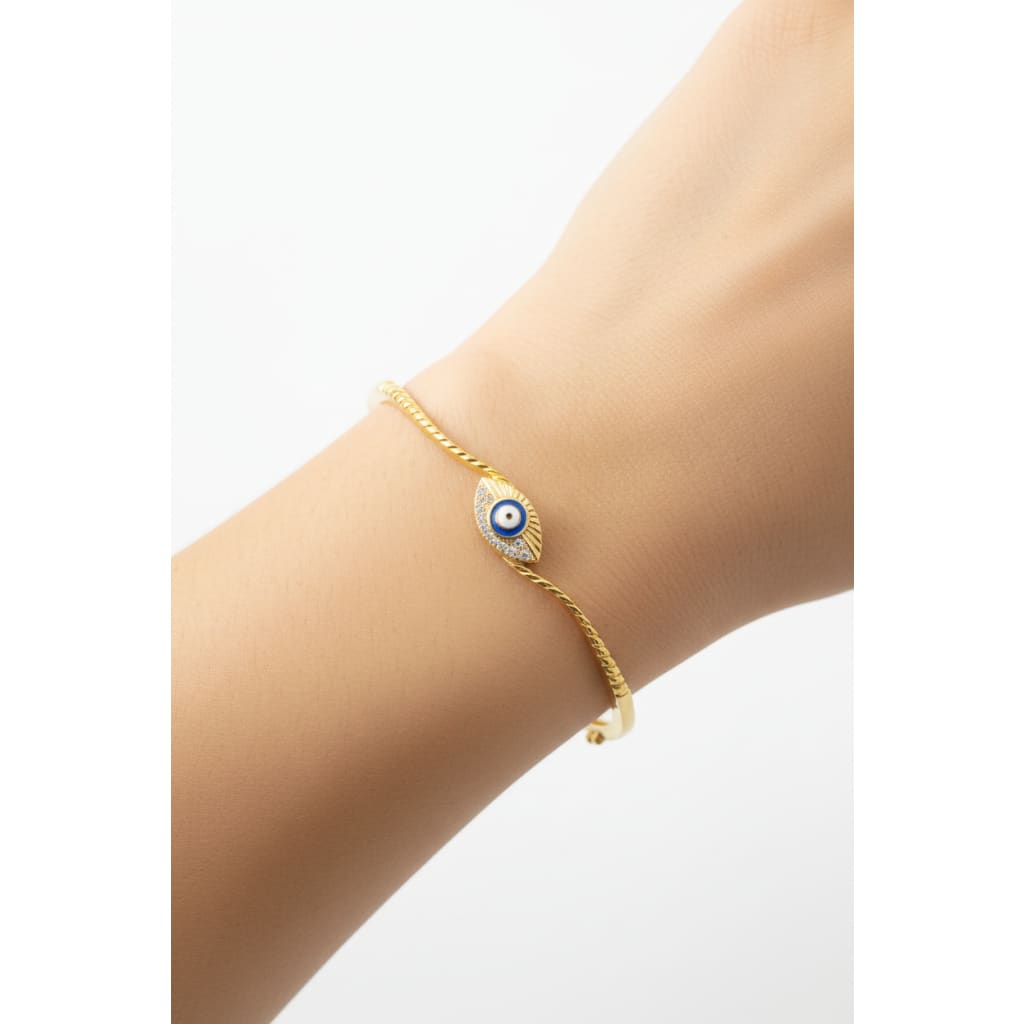 925 Sterling Silver Gold Plated Evil Eye CZ Open Bangle
