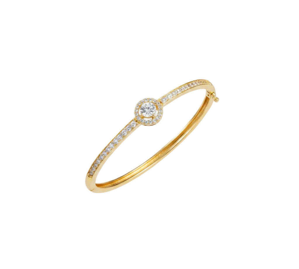 925 Sterling Silver Gold Plated Halo CZ Open Bangle