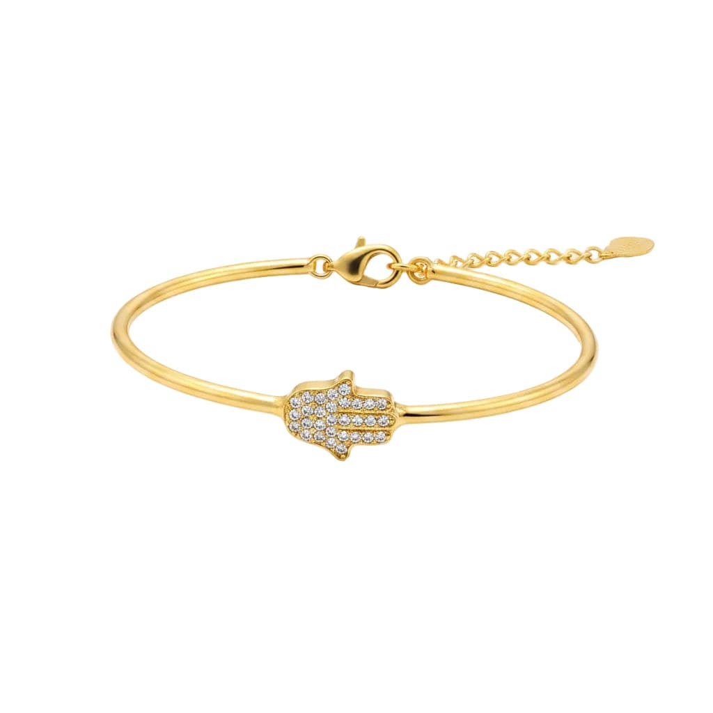 925 Sterling Silver Gold Plated Hamsa Hand CZ Open Bangle