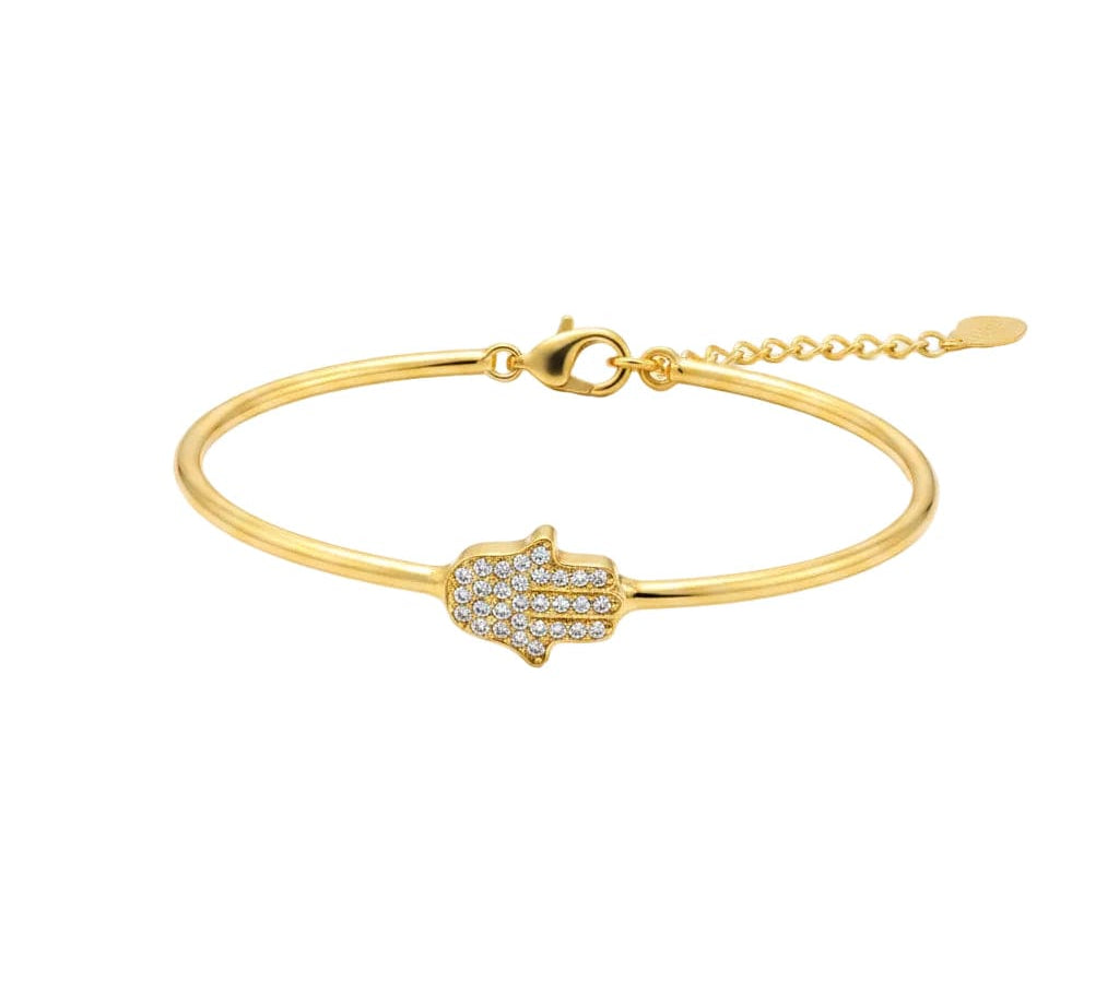 925 Sterling Silver Gold Plated Hamsa Hand CZ Open Bangle