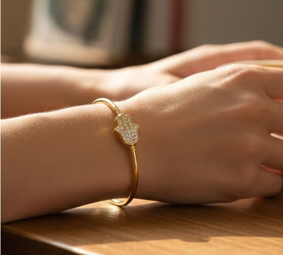 925 Sterling Silver Gold Plated Hamsa Hand CZ Open Bangle