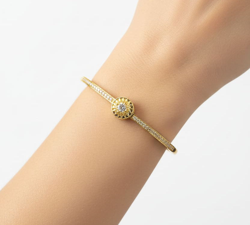 925 Sterling Silver Gold Plated Sunburst CZ Open Bangle