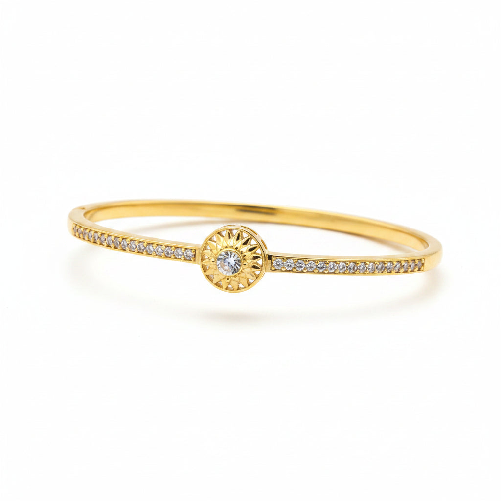 925 Sterling Silver Gold Plated Sunburst CZ Open Bangle