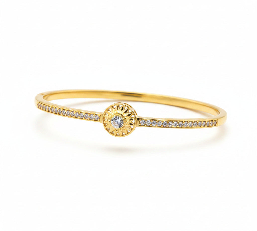925 Sterling Silver Gold Plated Sunburst CZ Open Bangle
