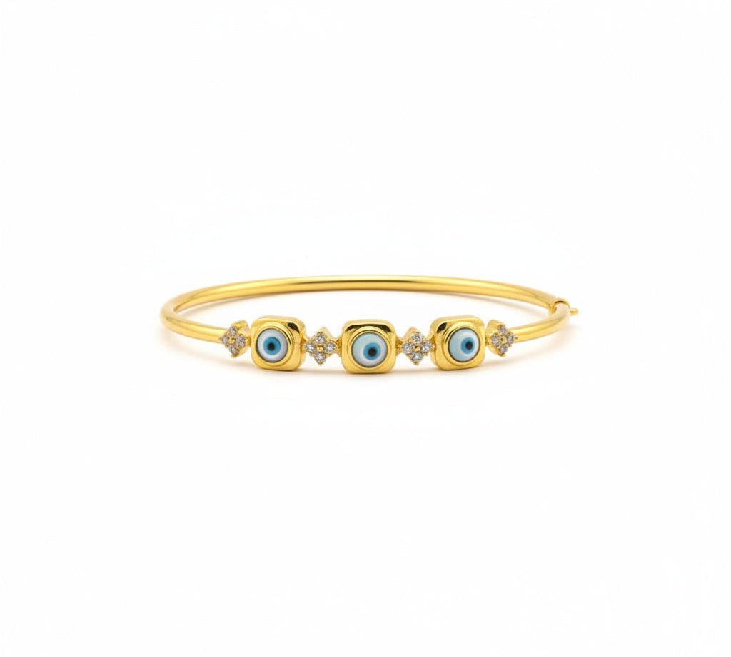 925 Sterling Silver Gold Plated Triple Evil Eye CZ Open