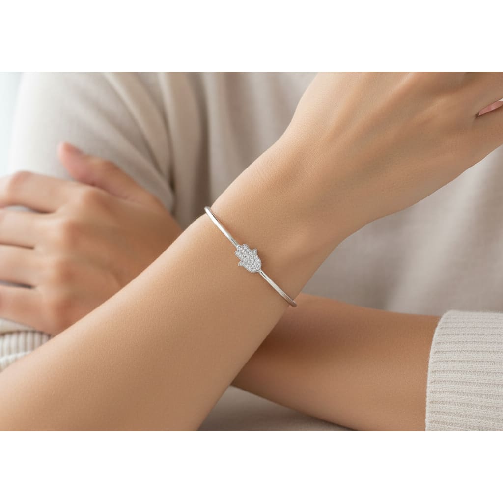 925 Sterling Silver Hamsa Hand CZ Women’s Bracelet | 6g