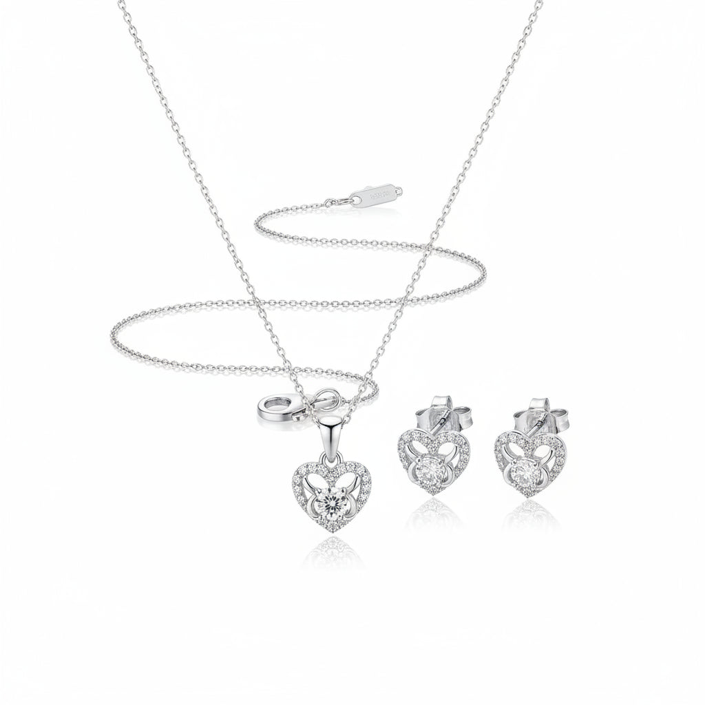 925 Sterling Silver Heart Butterfly CZ Pendant and Earrings