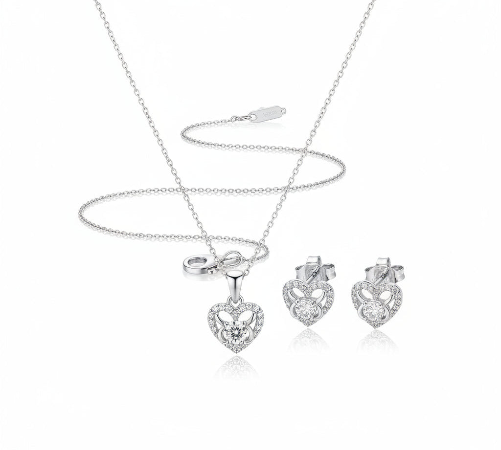 925 Sterling Silver Heart Butterfly CZ Pendant and Earrings