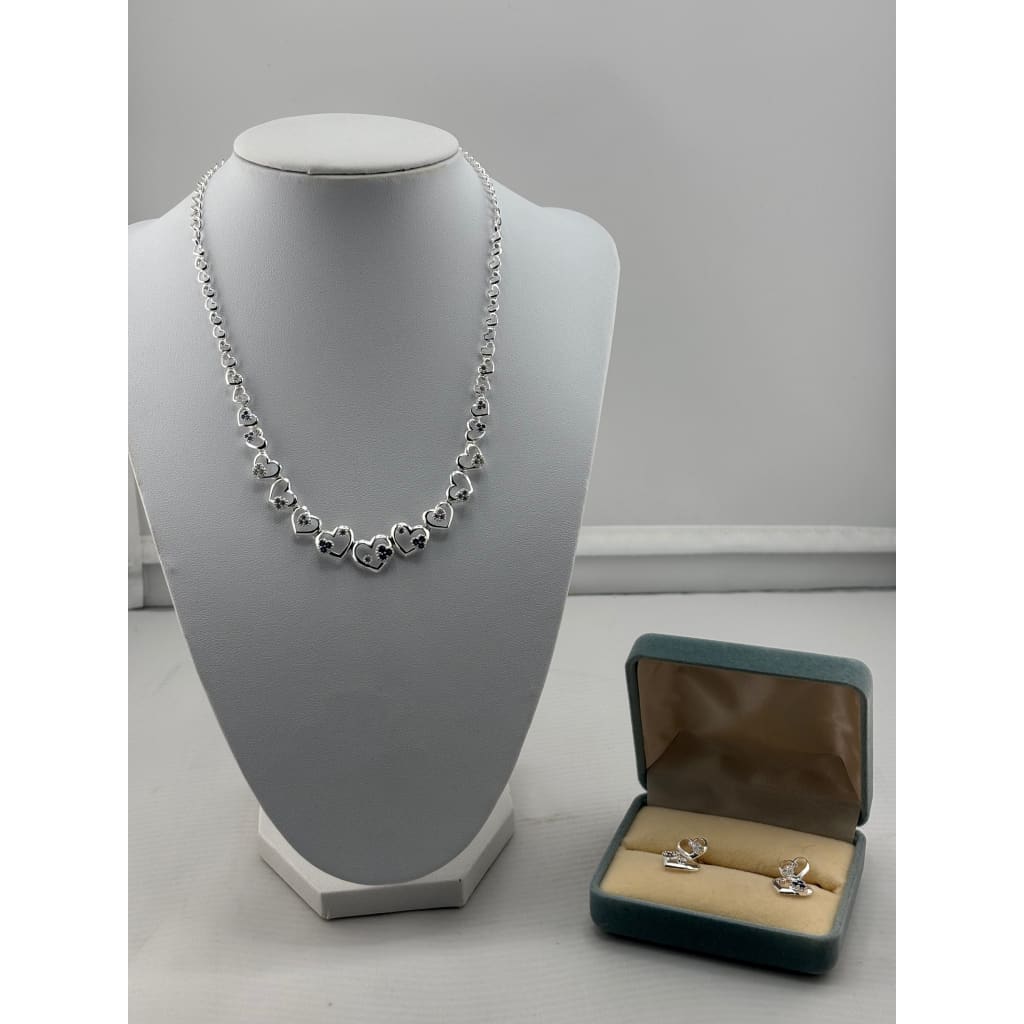 925 Sterling Silver Heart Link CZ Necklace & Earrings Set –
