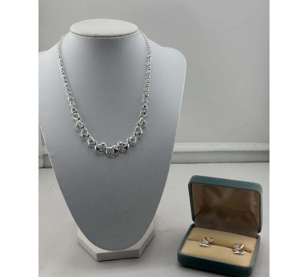 925 Sterling Silver Heart Link CZ Necklace & Earrings Set –