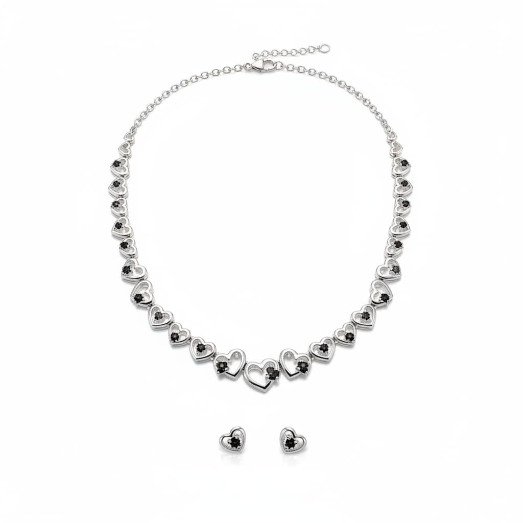 925 Sterling Silver Heart Link CZ Necklace & Earrings Set –