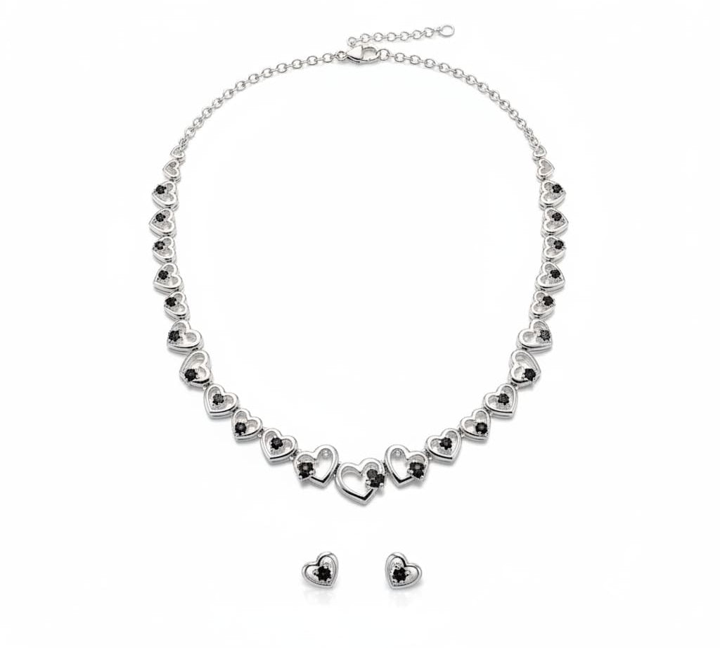 925 Sterling Silver Heart Link CZ Necklace & Earrings Set –