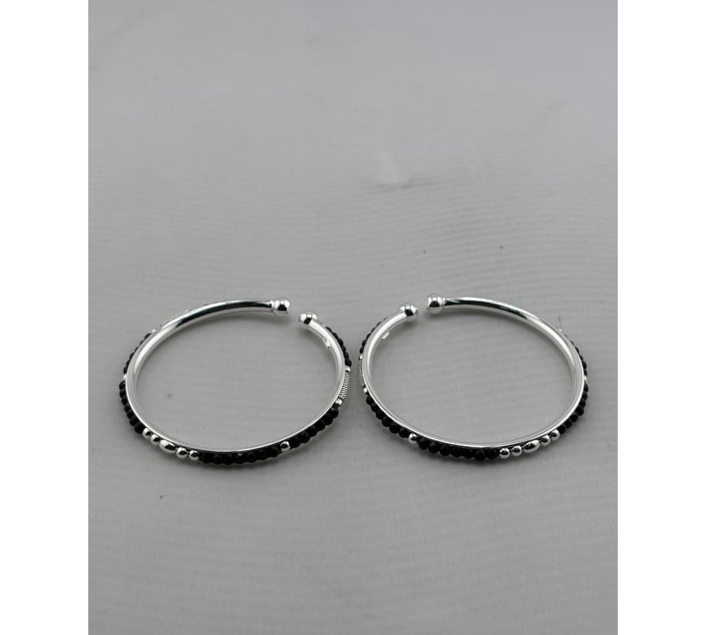 925 sterling silver kids bangle pair alternate view with black beads and silver accents